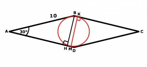 Сторона ромба равна 10 см, острый угол -30 градусов. найдите радиус вписанной в ромб окружности.