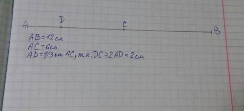 Постройте отрезок ab длинной 12см. точка с середина этого отрезка. на отрезке ac выбрана точка d так
