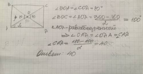 Диагонали прямоугольника abcd пересекаются в точке о. угол boa равен 80 градусов. найти угол cad?
