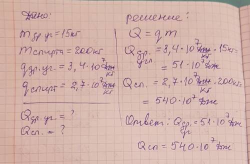 Какое количество теплоты выделяется при полном сгорании древесного угля массы 15кг? спирта массой 20