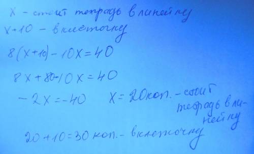 Зошит у клiтинку дорожчий за зошит у лiнiю на 10к. за 8 зошитiiв у клiтинку треба заплатити на 40к.