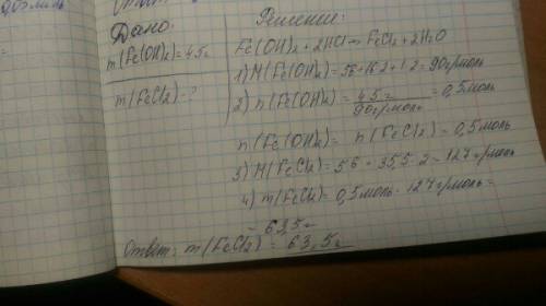 45 грамм гидроксида железа (2) растворили в соляной кислоте. какая масса соли образовалась при этом?