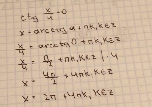 Ctg x/4=0 знайти розв'язок тригонометричного рівняння