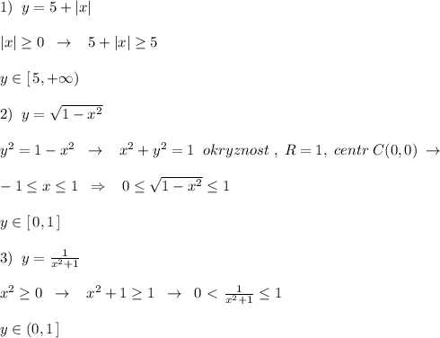 1)\; \; y=5+|x|\\\\|x| \geq 0\; \; \to \; \; \; 5+|x| \geq 5\\\\y\in [\, 5,+\infty )\\\\2)\; \; y=\sqrt{1-x^2}\\\\y^2=1-x^2\; \; \to \; \; \; x^2+y^2=1\; \; okryznost\; ,\; R=1,\; centr\; C(0,0)\; \to \\\\-1 \leq x \leq 1\; \; \Rightarrow \; \; \; 0\leq \sqrt{1-x^2} \leq 1\\\\y\in [\, 0,1\, ]\\\\3)\; \; y= \frac{1}{x^2+1} \\\\x^2 \geq 0\; \; \to \; \; \; x^2+1 \geq 1\; \; \to \; \; 0\ \textless \ \frac{1}{x^2+1} \leq 1\\\\y\in (0,1\, ]