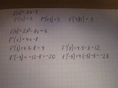 Найти производную в точках: а) f(x)=3x-5 б) f(x)=2x^2-8x+6 x=+,-3 +,-5