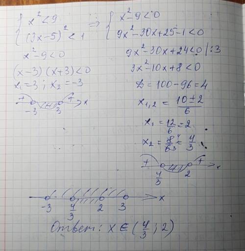 1)x^2< 9; (3x-5)^2< 1 решите систему