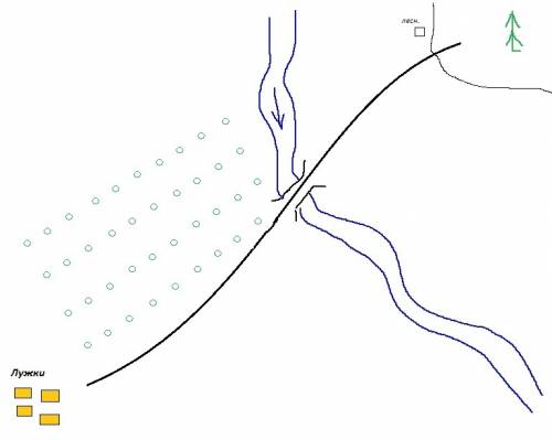 Составь план местности по описанию: от поселка лужки, расположенного на юго-западе, к хвойному лесу