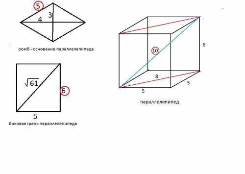 Основанием прямого параллелепипеда служит ромб с диагоналями 6см и 8см. диагональ боковой грани равн