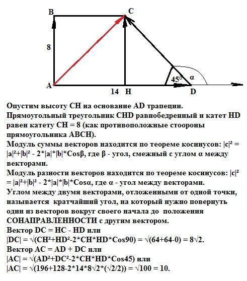 Основание ad прямоугольной трапеции abcd с прямым углом а равно 14 см, ав=8 см, угол d= 45 градусов