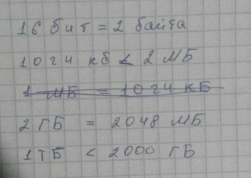 Сравните : 1) 16 бит и 2 байта 2) 1024 кб и 2 мб 3) 2 гб и 2048 мб 4) 1 тб и 2000 гб и желательно с