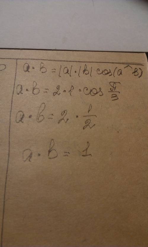 Вычислить скалярное произведение: ab, где |a|=2, |b|=1,∠(a,b) = π /3