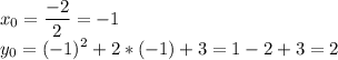 x_0= \dfrac{-2}{2}=-1 \\ y_0=(-1)^2+2*(-1)+3=1-2+3=2