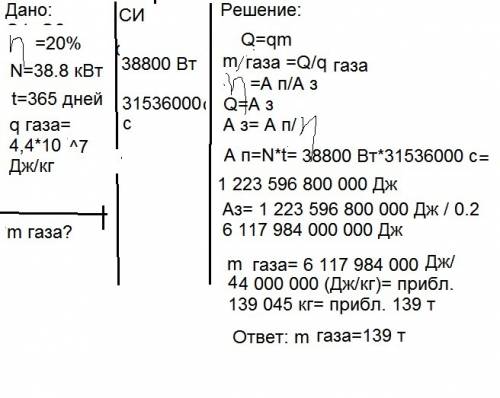 Двигун внутрішнього згорання має ккд 20% і розвиває потужність 38,8квт. визначити кількість газу, що