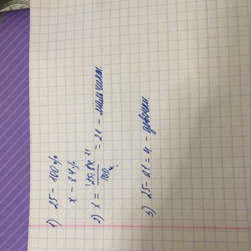 Вклассе 25 учеников-100%.мальчиков 84%.сколькодевочек в классе?