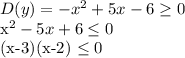 D(y)=-x^2+5x-6 \geq 0&#10;&#10;x^2-5x+6 \leq 0&#10;&#10;(x-3)(x-2) \leq 0&#10;&#10;