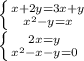 \left \{ {{x + 2y = 3x + y} \atop {x^2 - y = x}} \right. \\ &#10; \left \{ {{2x = y} \atop {x^2 - x - y = 0}} \right.