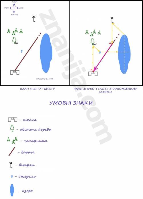 Складіть план у масштабі 1 : 10000 за описом. недалеко від школи, близько 300 м на північ, росте дуб