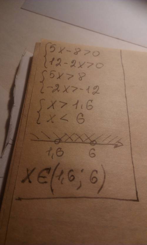 Решить 5x-8> 0 12-2x> 0 решить систему