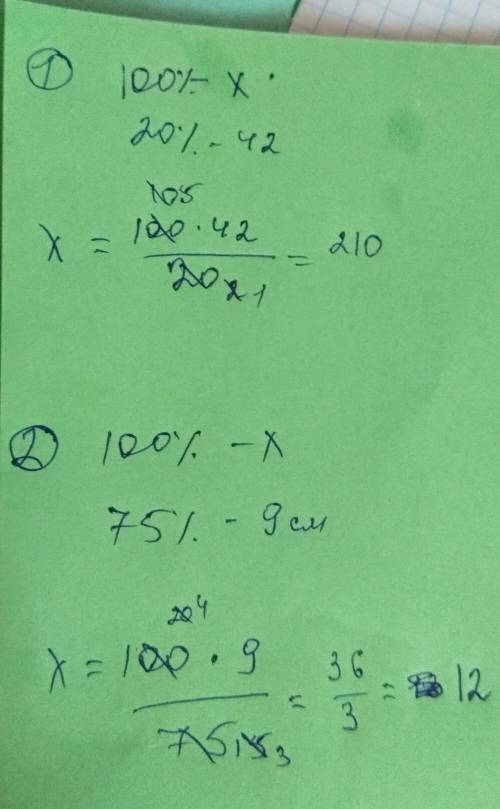 41.найдите величину: 1) 20% которой равно 42см; 2) 75% которой равно 9см; ​