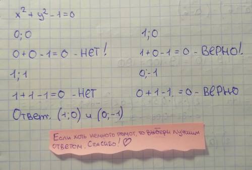 Какие пары чисел (0; 0), (1; 1), (1; 0), (0; -1) являются решением уравнения х^2+у^2-1=0