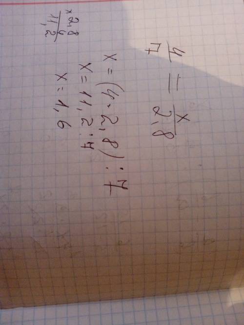 Найдите неизвестный член пропорции 4/7=x/2,8 надо заранее !