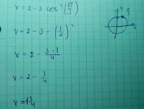 Решите уравнение: x=2-3cos^2(pi/3). подробно, по действиям.