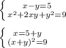 \left \{ {{x-y=5} \atop {x^2+2xy+y^2=9}} \right. \\ \\ \left \{ {{x=5+y} \atop {(x+y)^2=9}} \right.