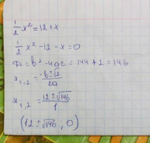 Не выполняя построения, определите, пересекаются ли парабола y=1/2x^2 и прямая y=12+x. если точки пе