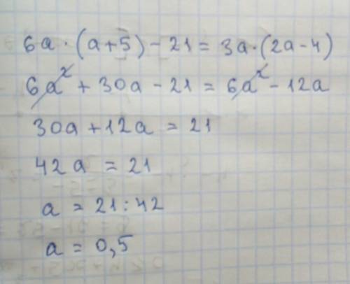 Решите уравнения 6a умножить (a+5)-21=3a умножить(2a-4)