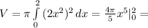 V = \pi \int\limits^2_0 {(2x^2)^2} \, dx = \frac{4 \pi }{5} x^{5} |^2_0 =