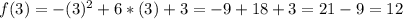 f(3)=-(3)^2+6*(3)+3 = -9 + 18 + 3 = 21 - 9 = 12