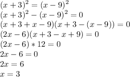 \displaystyle (x+3)^2=(x-9)^2\\(x+3)^2-(x-9)^2=0\\(x+3+x-9)(x+3-(x-9))=0\\(2x-6)(x+3-x+9)=0\\(2x-6)*12=0\\2x-6=0\\2x=6\\x=3