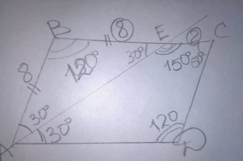 Впаралелограмме abcd биссектриса острого угла a делит сторону bc на отрезки be = 8 см и ec =2 см, уг