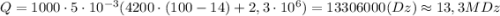 Q=1000\cdot 5\cdot 10^{-3}(4200\cdot (100-14)+2,3\cdot 10^6)=13306000(Dz)\approx 13,3MDz