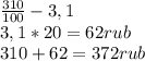 \frac{310}{100} - 3,1 \\&#10;3,1*20=62rub \\&#10;310 + 62 = 372rub