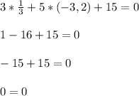 3* \frac{1}{3} +5*(-3,2)+15=0 \\ \\ 1-16+15=0 \\ \\ -15+15=0 \\ \\ 0=0