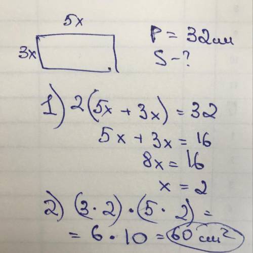 Периметр прямоугольника 32 см. длина его относится к ширине как 5 : 3. найдите площадь премаугольник