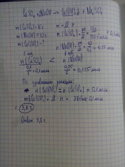 Какая масса осадка образуется при смешивании растворов,содержащих 16 г сульфата меди ( 2 ) и 10 г ги