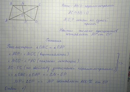 Точки м и р лежат на противоположных сторонах параллелограмма так, что точка о пересечения диагонале