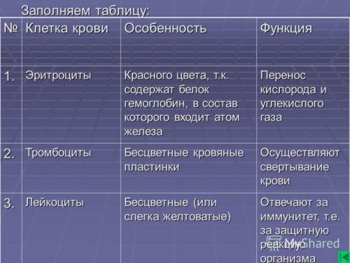 Таблица: 1. клетки - а) тромбоциты, б) эритроциты, в) лейкоциты 2. особенности 3. функции 4. содержа