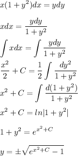 \displaystyle x(1+y^2)dx=ydy\\\\xdx=\frac{ydy}{1+y^2}\\\\ \int\limits {xdx} =\int\limits {\frac{ydy}{1+y^2}}\\\\\frac{x^2}2+C=\frac{1}2\int\limits {\frac{dy^2}{1+y^2}}\\\\x^2+C=\int\limits {\frac{d(1+y^2)}{1+y^2}}\\\\x^2+C=ln|1+y^2|\\\\1+y^2=e^{x^2+C}\\\\y=б\sqrt{e^{x^2+C}-1}