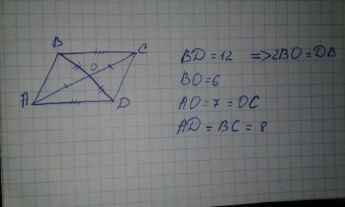 Впаралелограмме abcd o-точка пересечения диагоналей.bd=12см,ad=8см,ao=7см.найдите периметр треугольн