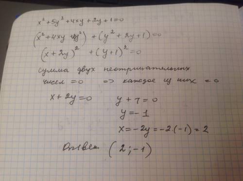 Найдите числа х и у удовлетворяющие равенству х^2+5у^2+4ху+2у+1=0