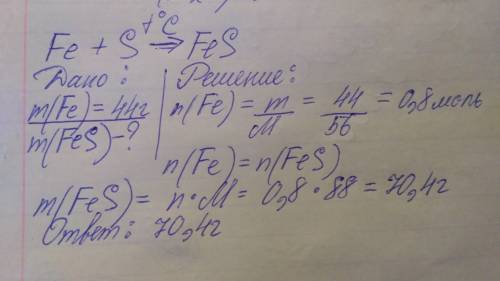 Сколько грамм fec образовалось при взаимодействии 44 грам fe с s