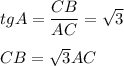 tgA=\dfrac{CB}{AC} =\sqrt{3} \\ \\ CB = \sqrt{3}AC