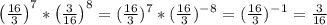 \left(\frac{16}{3}\right)^7*\left(\frac{3}{16}\right)^8 = ( \frac{16}{3} )^7 *( \frac{16}{3} )^-^8 = ( \frac{16}{3} )^-^1= \frac{3}{16}