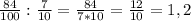 \frac{84}{100} : \frac{7}{10} = \frac{84}{7*10} = \frac{12}{10} = 1,2