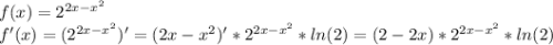 f(x) = 2^{2x-x^2} \\ f'(x) = (2^{2x-x^2})' = (2x-x^2)'*2^{2x-x^2}*ln(2)= (2-2x)*2^{2x-x^2}*ln(2)