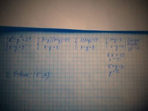 Сделать. решите систему уровнений ! x2-y2=21,x-y=3