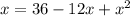 x = 36 - 12x + x^2